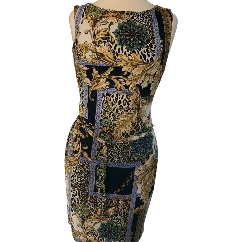 CACHE Y2K SHEATH W/CHAIN BELT BAROQUE GOLD/BLACK PRINT LINED ABOVE KNEE SZ10 10 - Picture 2 of 6